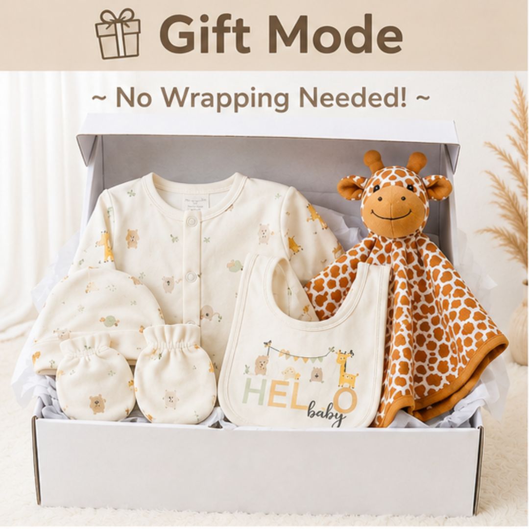 Neutral baby gift box hamper with giraffe comforter and newborn baby essentials