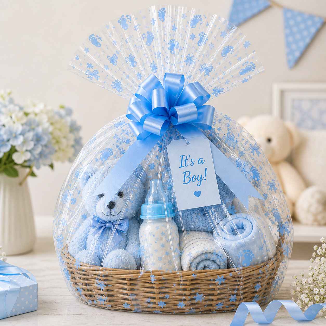 Baby Boy Print Cellophane Wrap Sheet for Hampers β Florist Wrap with Free Pull Bow
