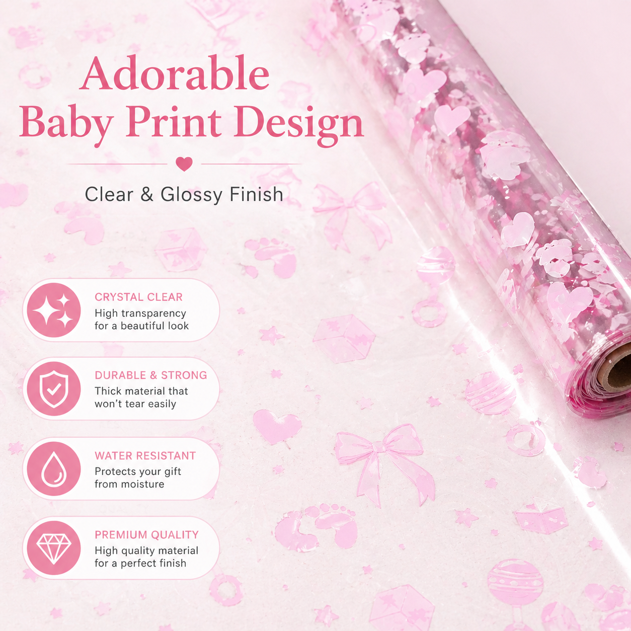 Pink baby print cellophane wrap with clear glossy finish for gift hampers