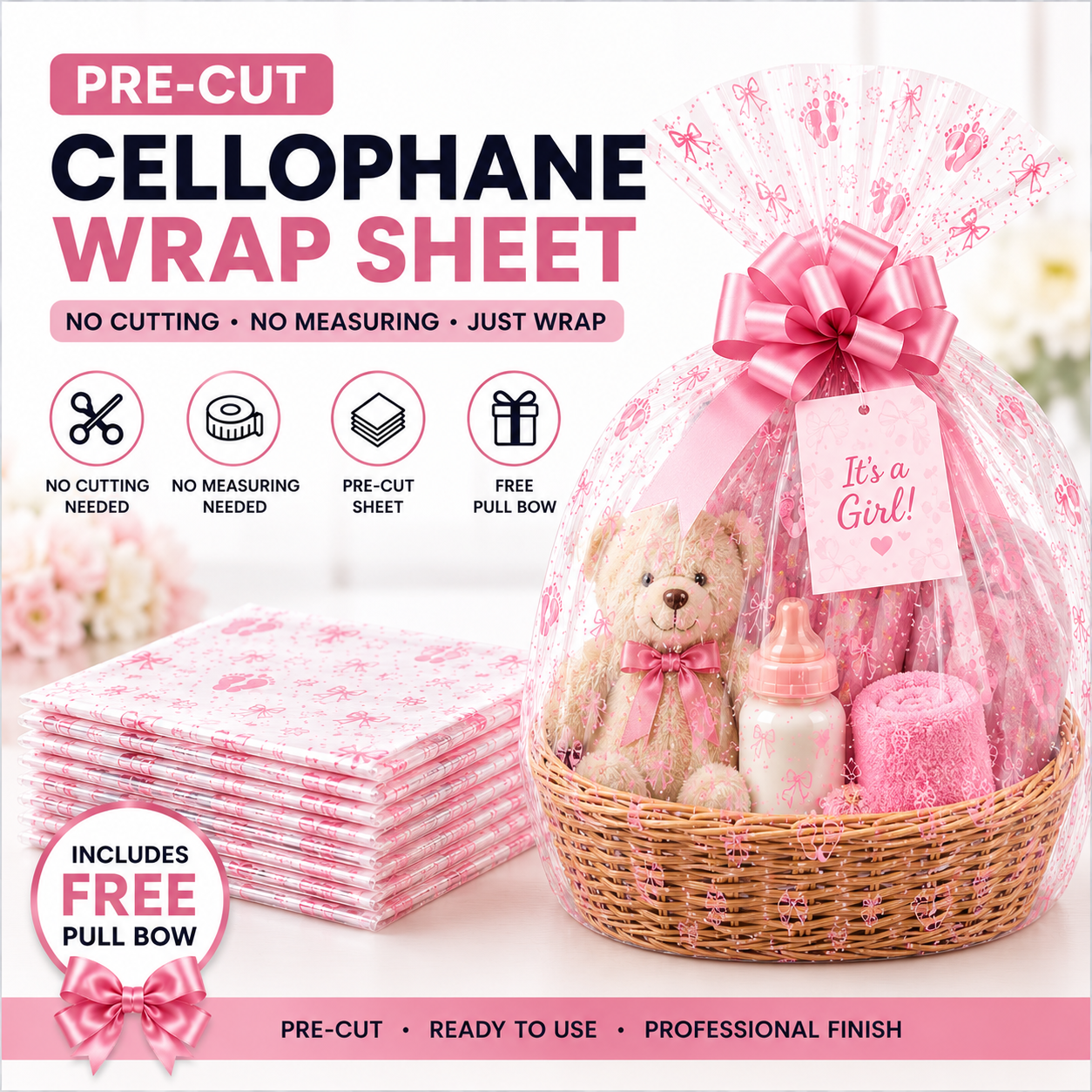 Baby girl cellophane wrap for hampers pre-cut 3m x 80cm with free pull bow