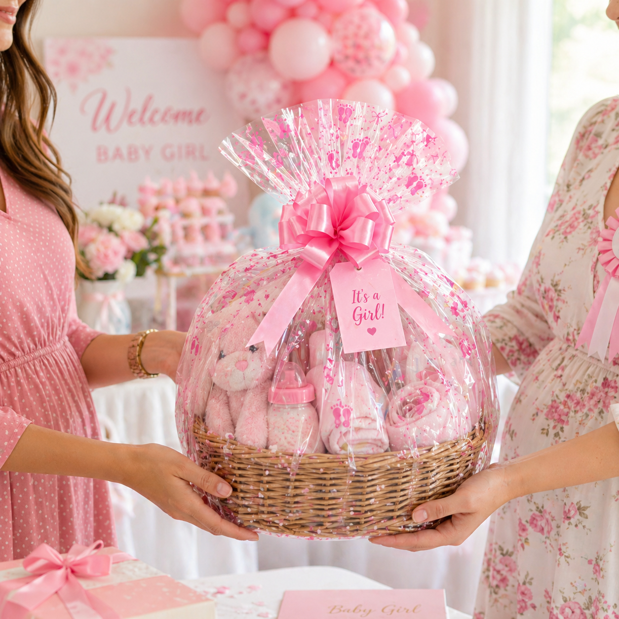 Baby girl hamper wrapped with pink baby print cellophane and pull bow