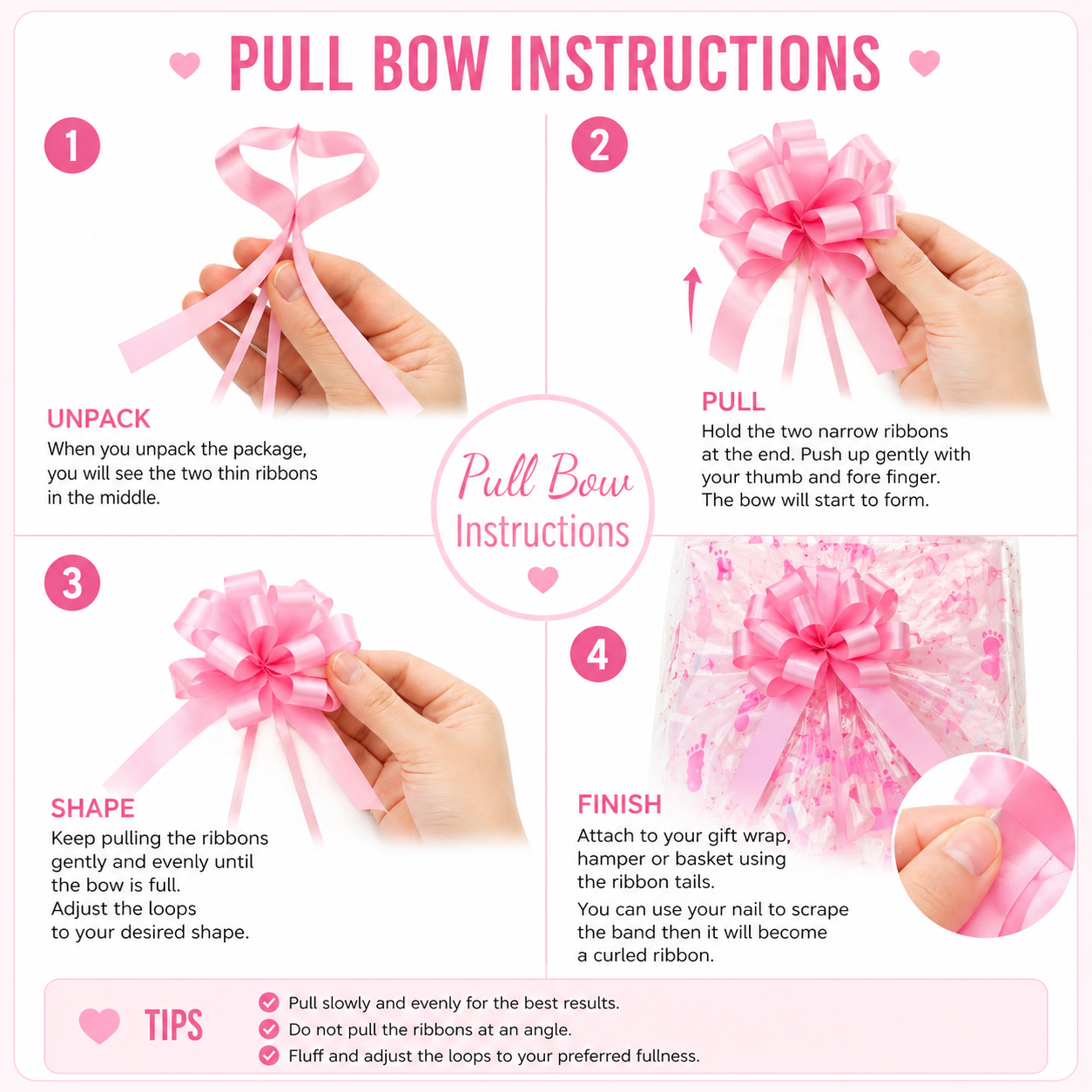 Pull bow instructions included with baby girl cellophane wrapping set