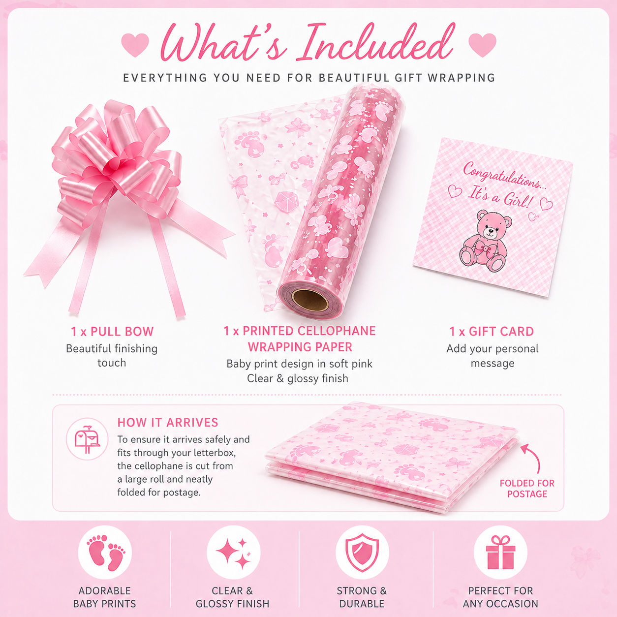 Baby girl wrapping set including pre-cut cellophane sheet pull bow and gift card