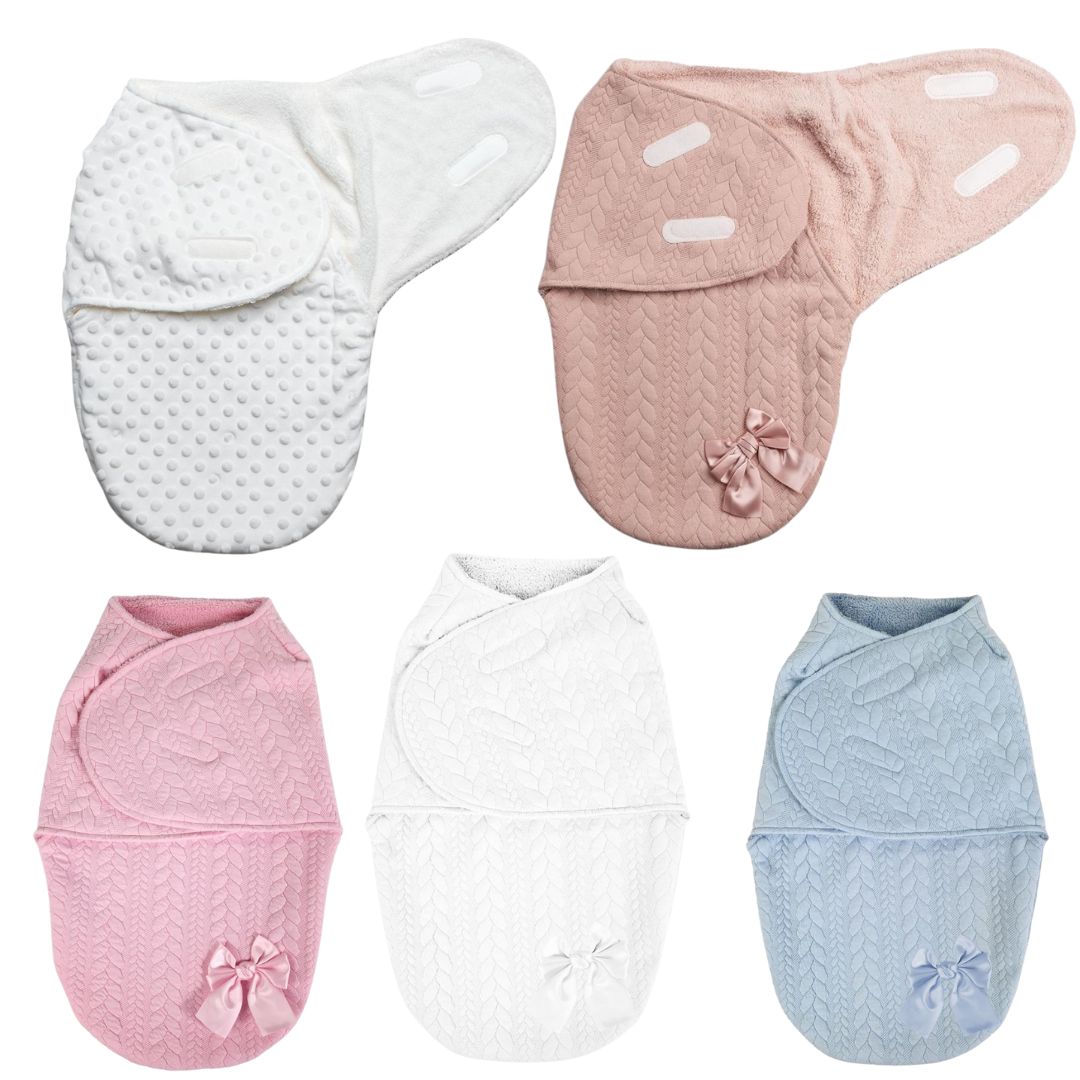 Set of five baby swaddle blankets in different colors on a white background