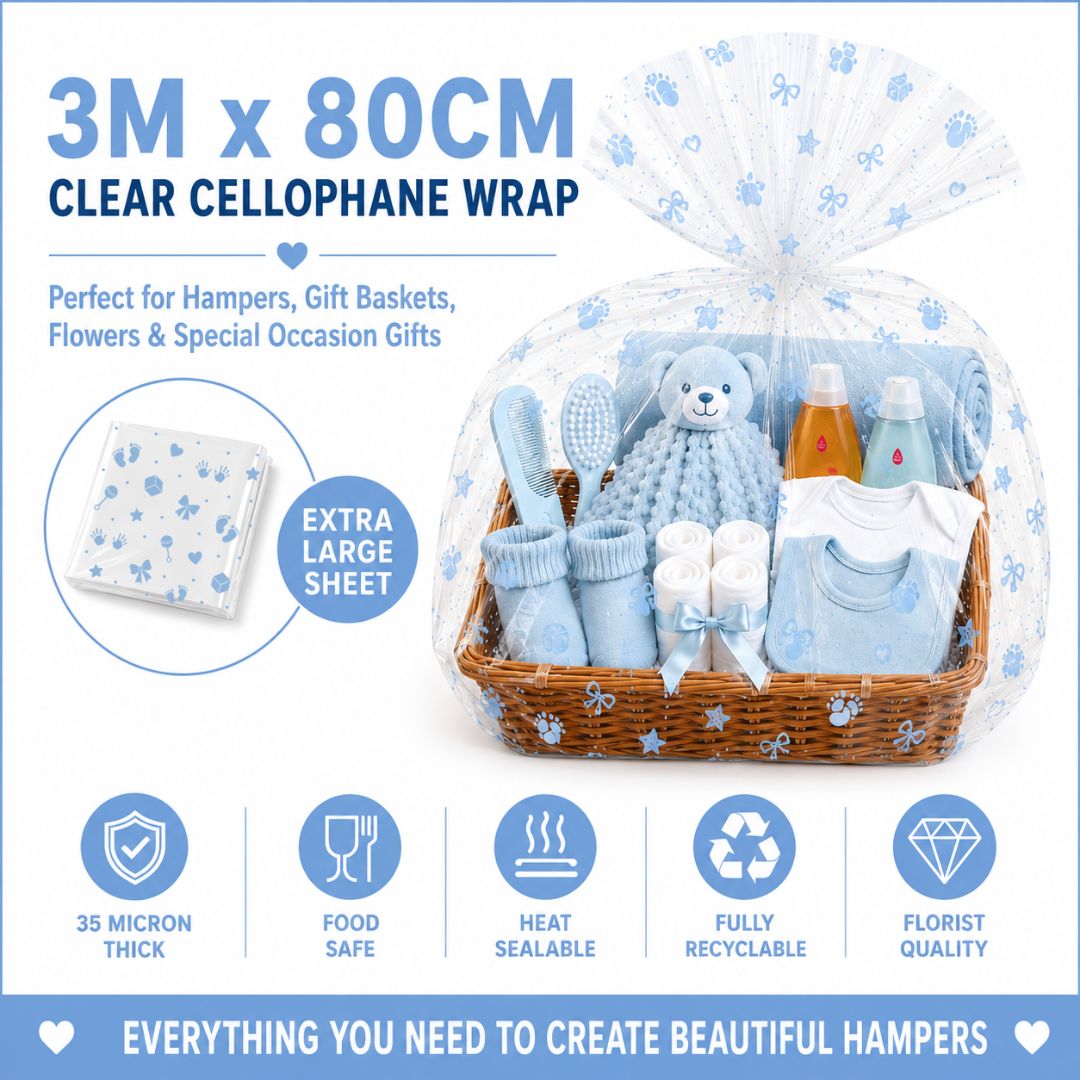 Baby Boy Cellophane Wrap for Hampers – Pre-Cut 3m x 80cm Wrapping Set