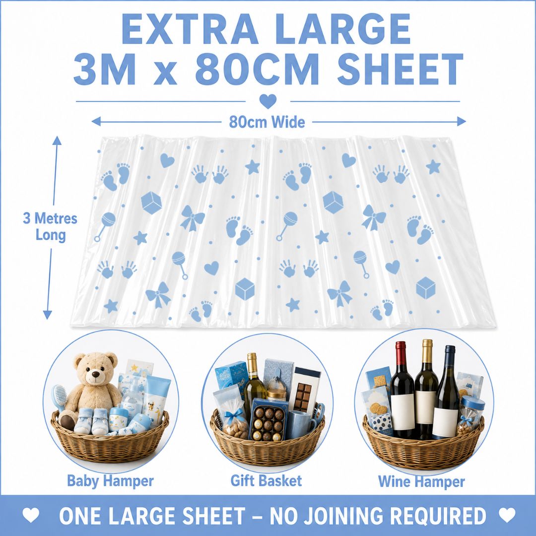 Baby Boy Cellophane Wrap for Hampers – Pre-Cut 3m x 80cm Wrapping Set