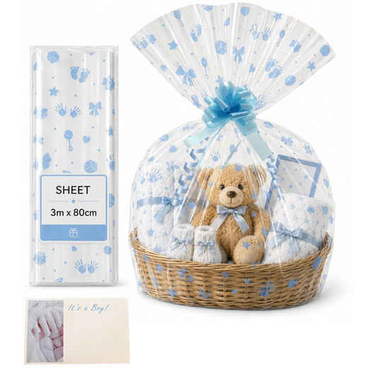 Baby Boy Cellophane Wrap for Hampers – Pre-Cut 3m x 80cm Gift Wrapping Set