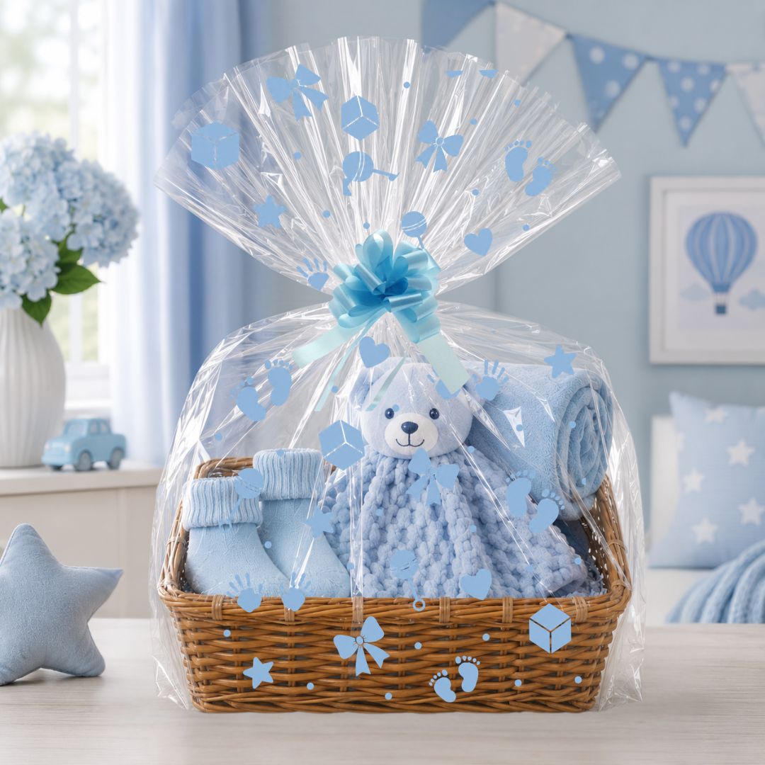 Baby Boy Cellophane Wrap for Hampers – Pre-Cut 3m x 80cm Wrapping Set