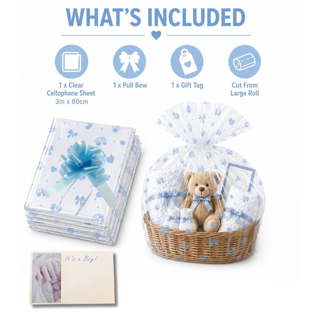 Baby Boy Cellophane Wrap for Hampers – Pre-Cut 3m x 80cm Wrapping Set