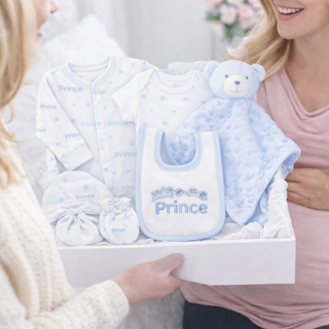 Baby boy gift box hamper displayed for newborn gifting