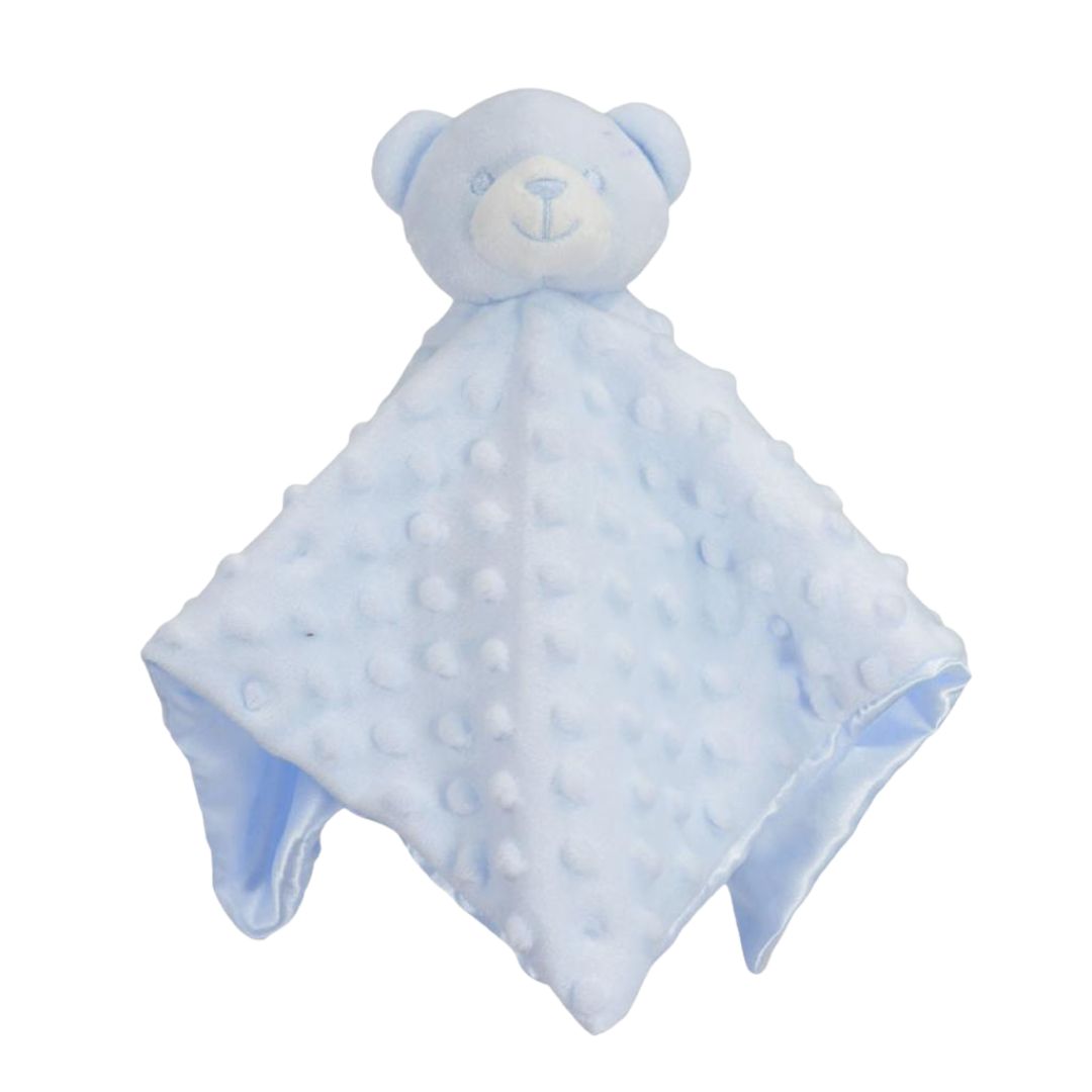 Blue teddy bear comforter snuggle toy.