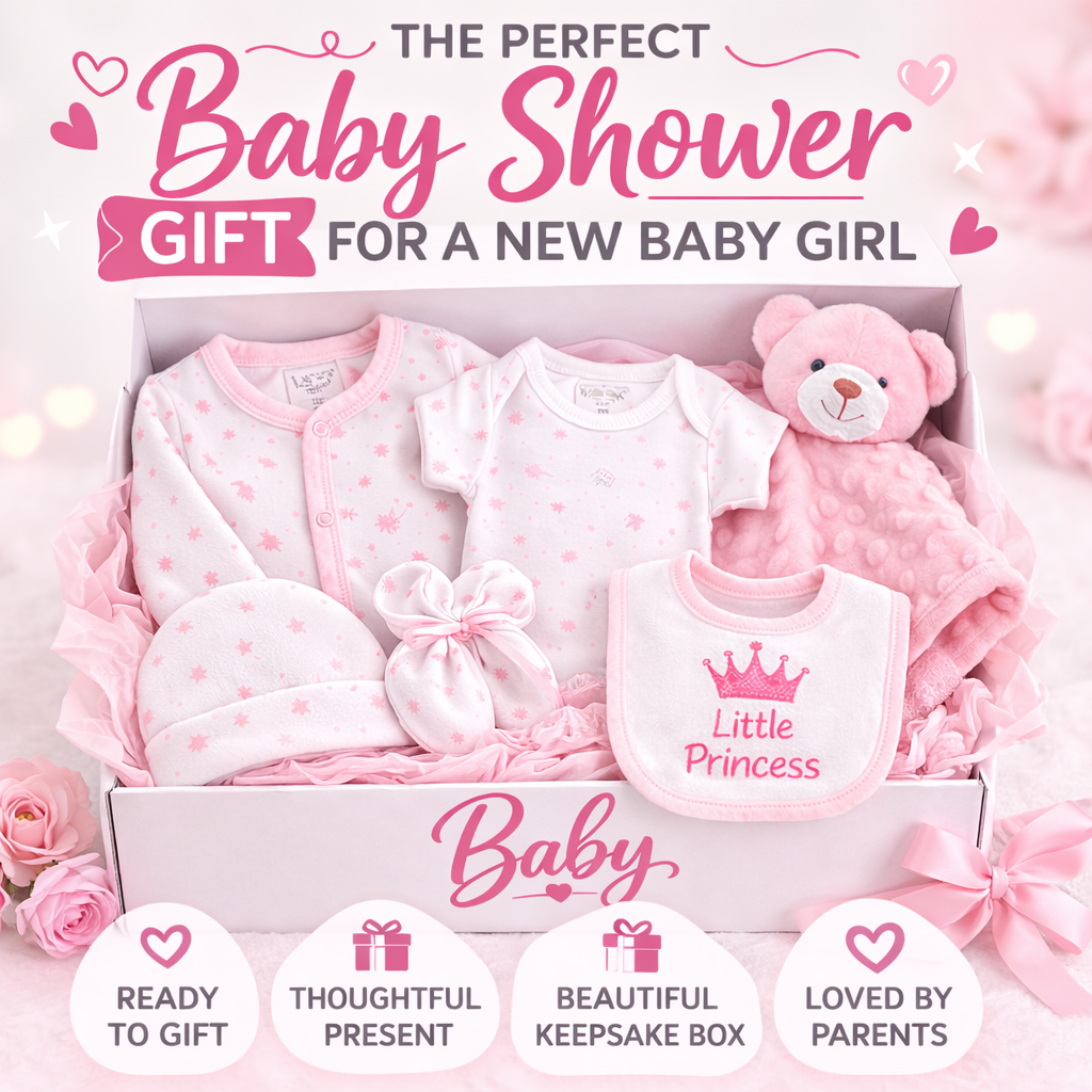 Newborn Baby Girl Gift Hamper – Includes Teddy Comforter, Sleepsuit, Hat & More | Perfect Baby Shower Gift Set