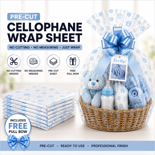 Baby Boy Print Cellophane Wrap Sheet for Hampers – Florist Wrap with Free Pull Bow