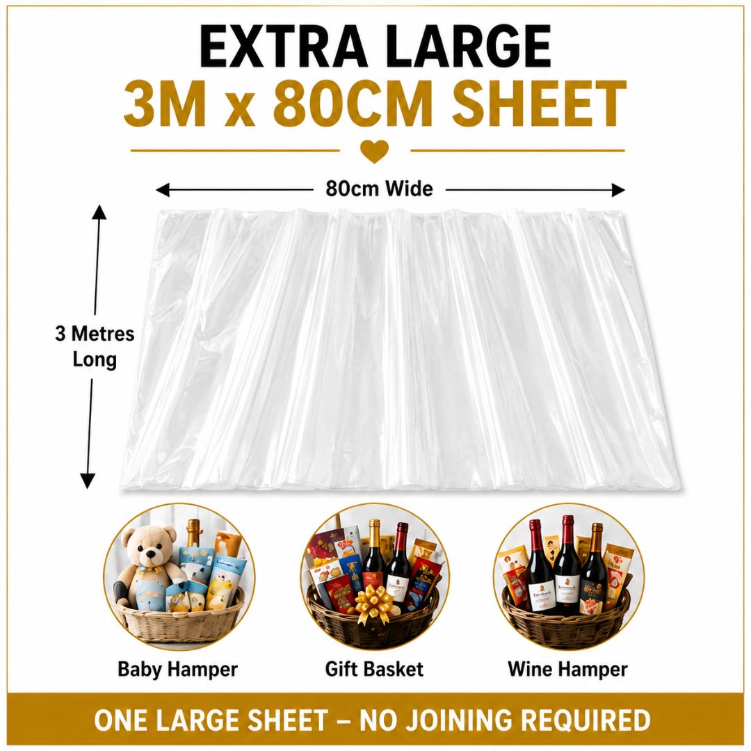 Cellophane Wrap for Hampers – Pre-Cut Clear Sheet 3m x 80cm + Free Pull Bow