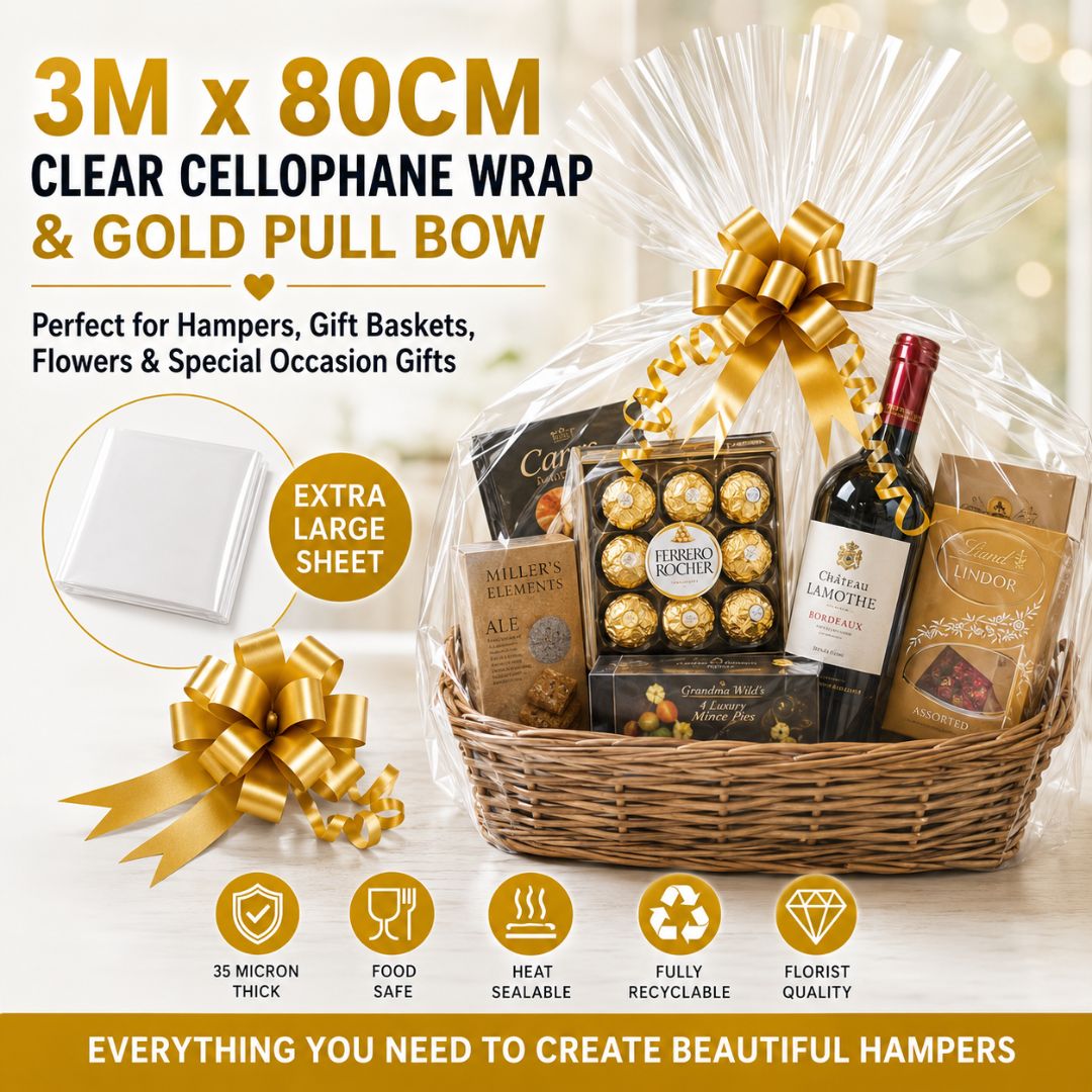 Cellophane Wrap for Hampers – Pre-Cut Clear Sheet 3m x 80cm + Free Pull Bow
