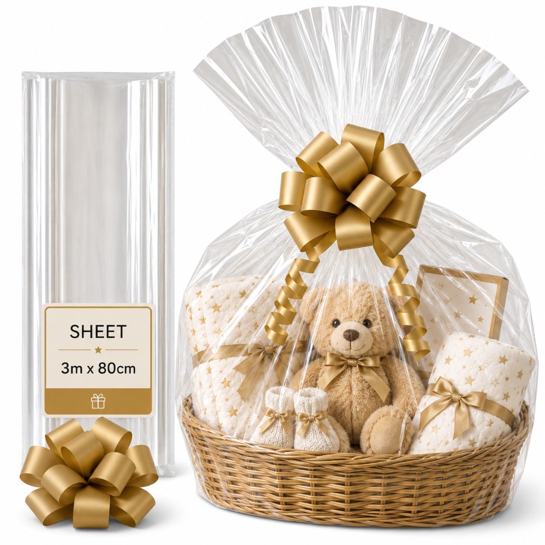 Cellophane Wrap for Hampers – Pre-Cut Clear Sheet 3m x 80cm + Free Pull Bow