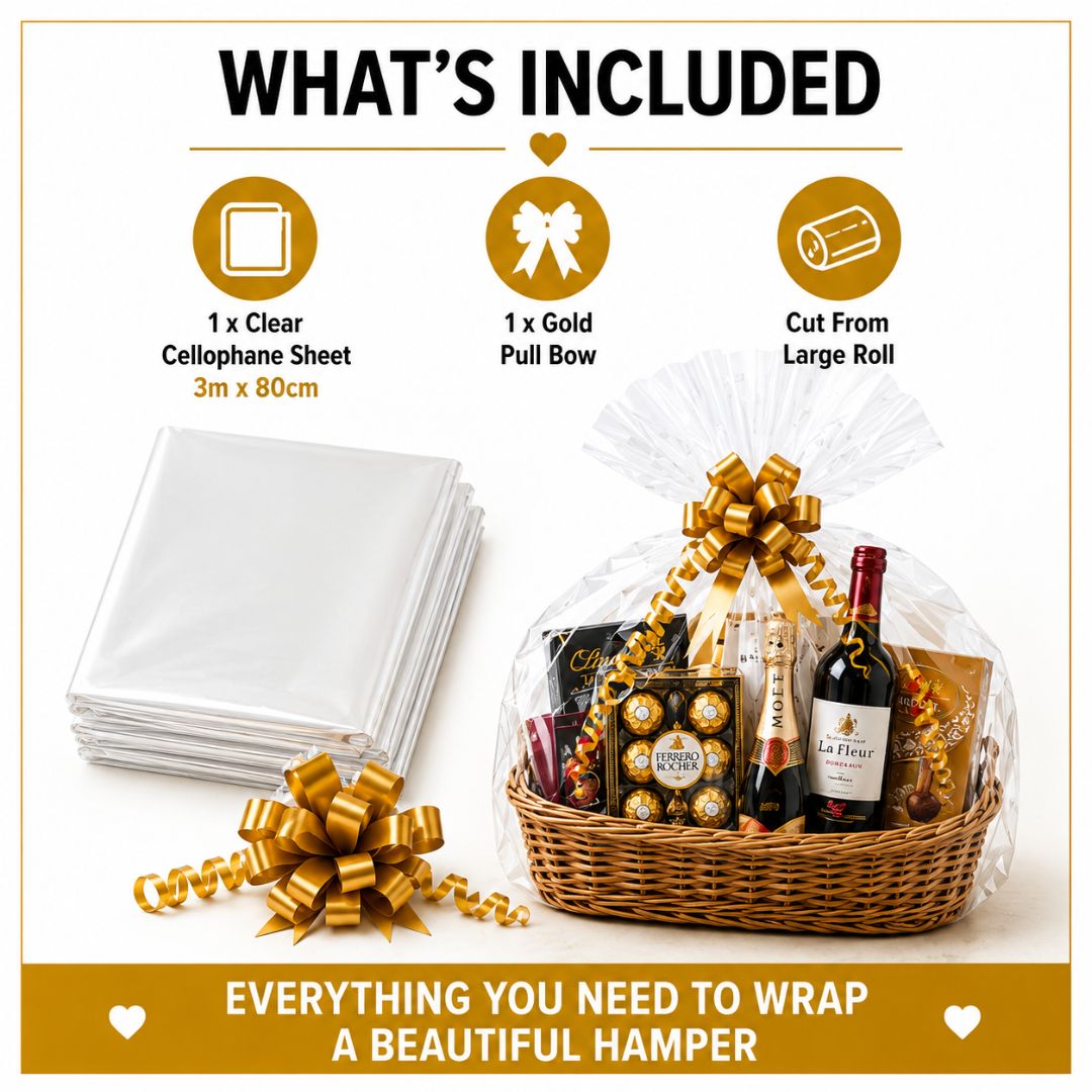 Cellophane Wrap for Hampers – Pre-Cut Clear Sheet 3m x 80cm + Free Pull Bow
