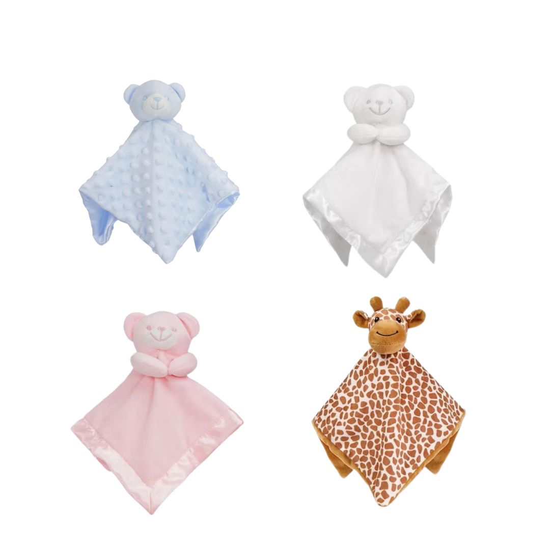 Four baby comfort blankets in white, pink, blue and  with giraffe design. 