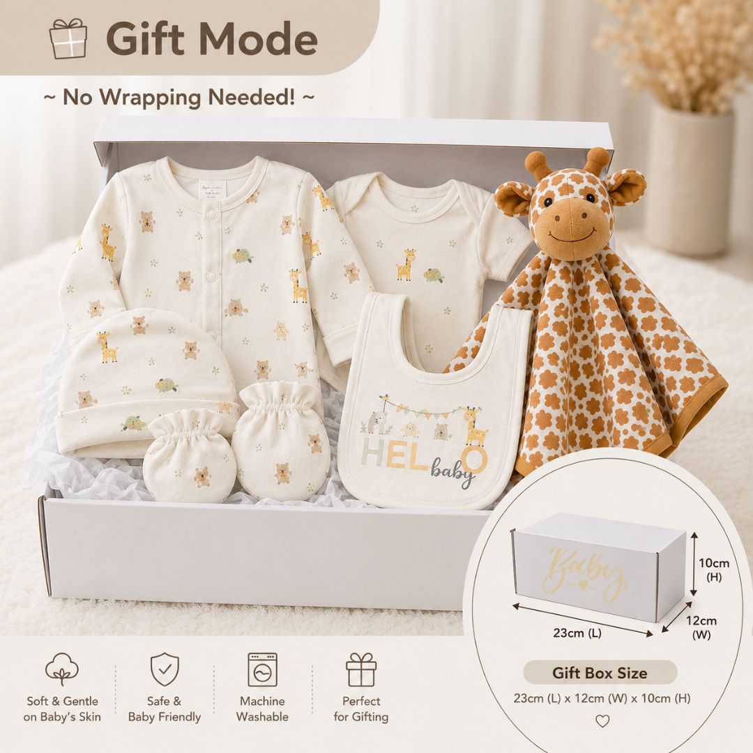 Neutral baby gift box hamper with newborn essentials and gift box dimensions
