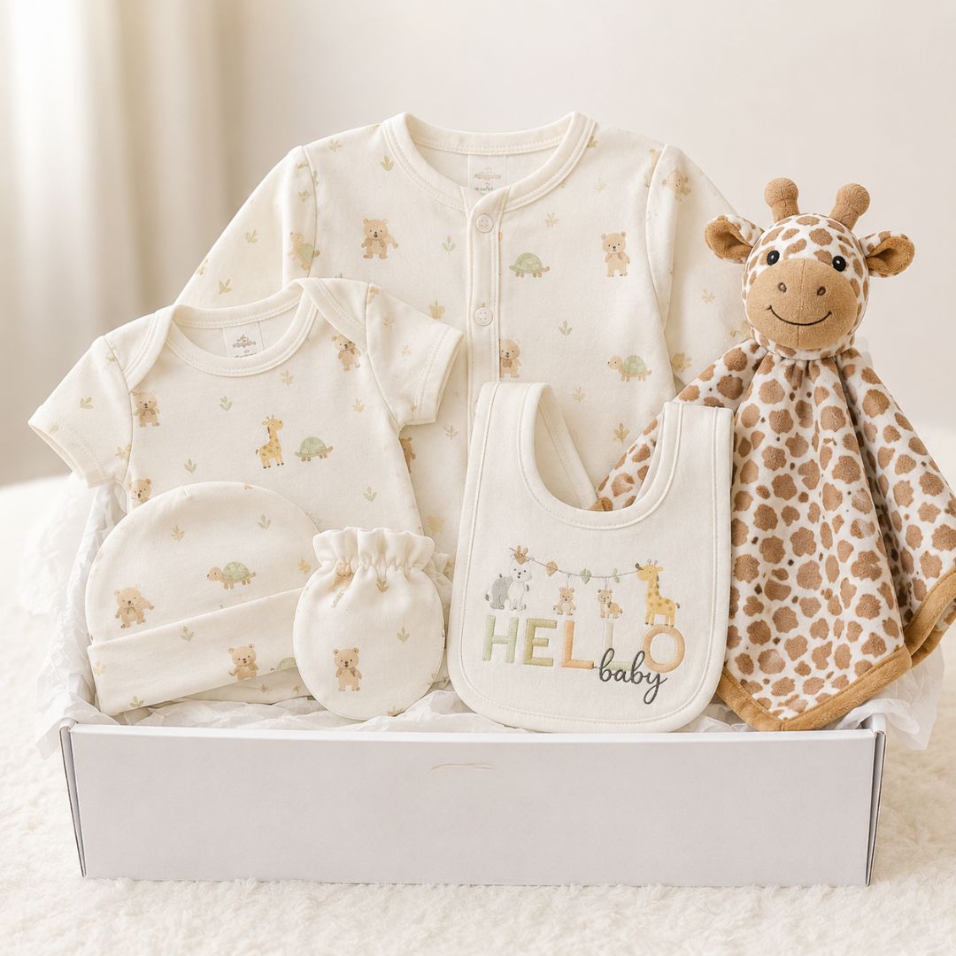 Neutral baby gift box containing baby clothing bib and giraffe comforter