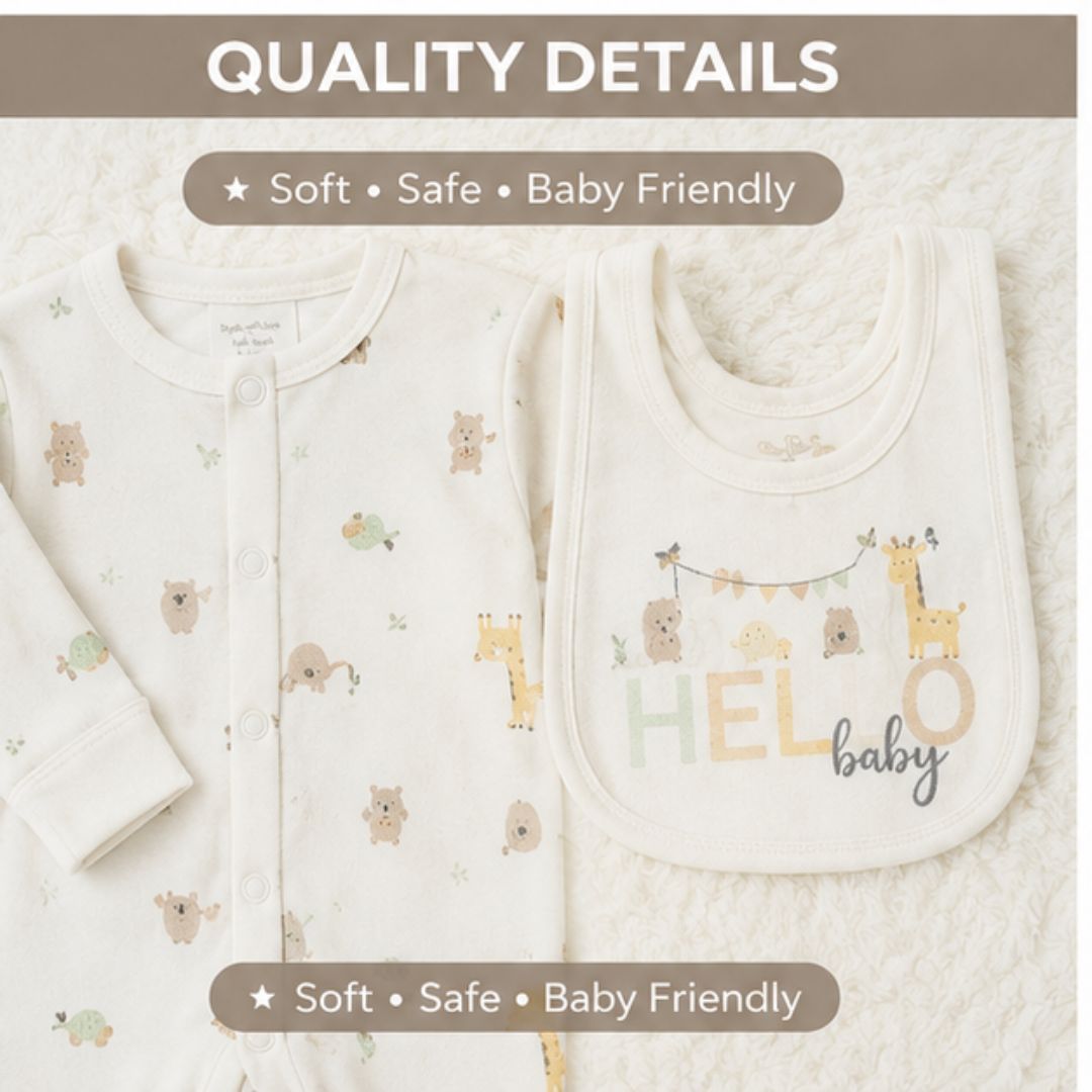 Soft and baby friendly neutral newborn clothing and bib included in gift hamper