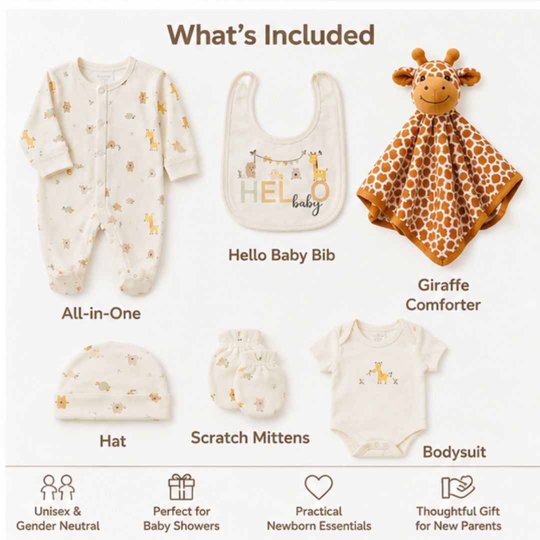 Neutral baby gift hamper contents including comforter sleepsuit bodysuit hat and bib