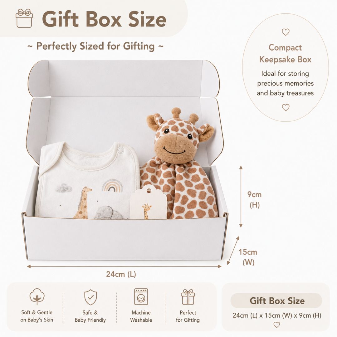 Neutral baby gift box with newborn essentials and giraffe comforter, 24cm x 15cm x 9cm