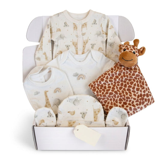 Neutral baby gift box with giraffe comforter, baby grow, bodysuit, bib, hat and mittens