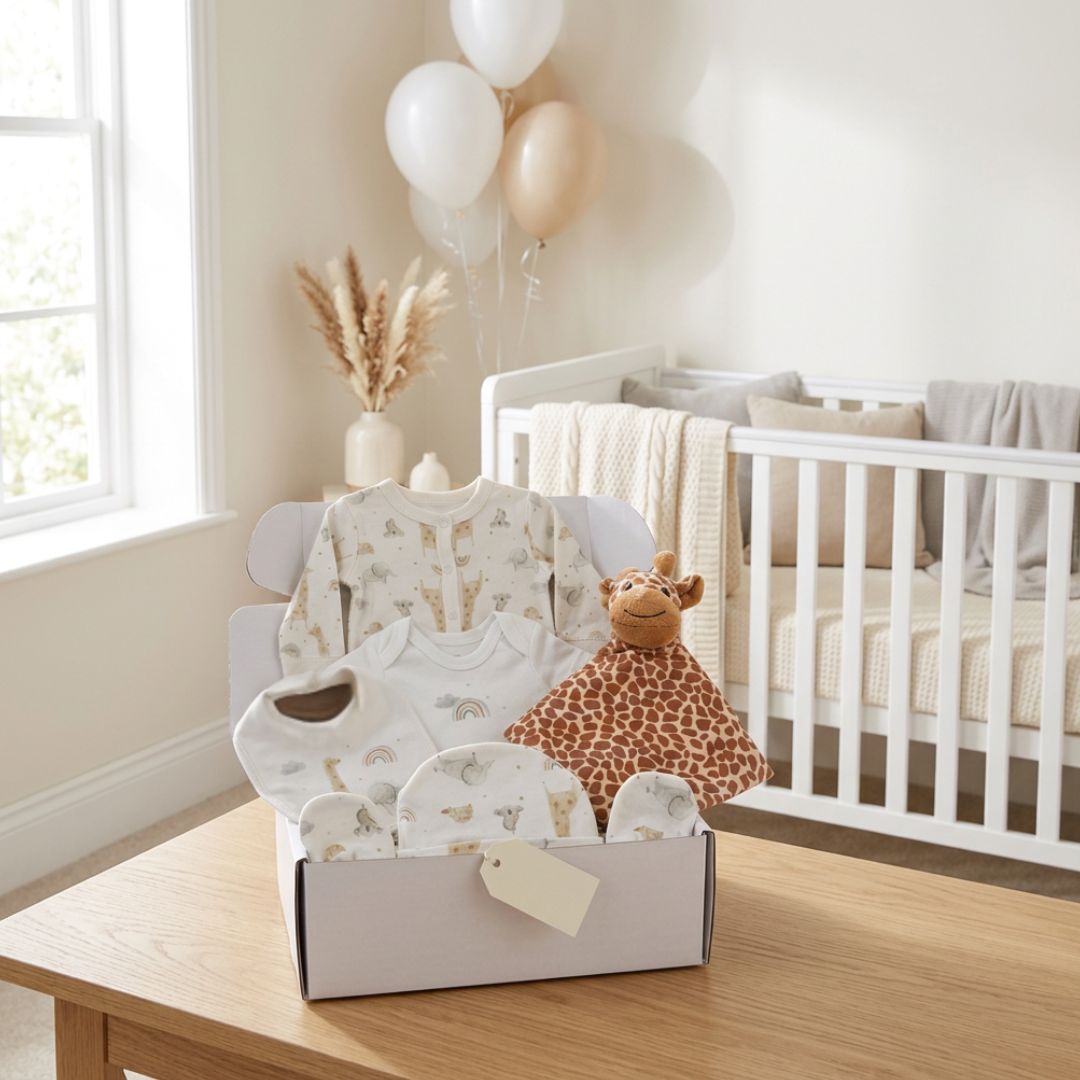 Neutral newborn baby gift set with giraffe comforter and baby essentials in a nursery