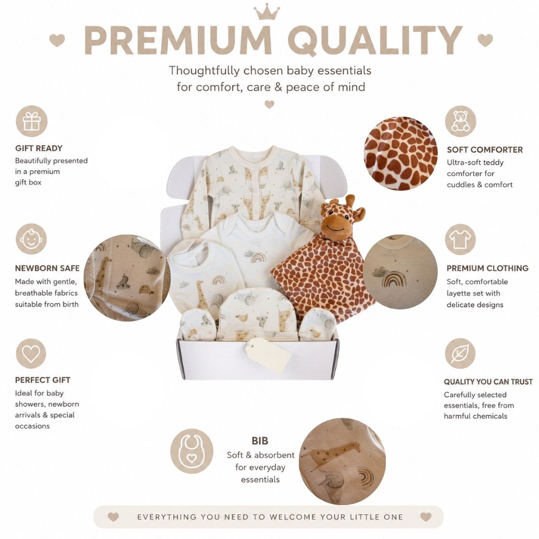 Neutral baby gift set with newborn clothing, bib and soft giraffe comforter