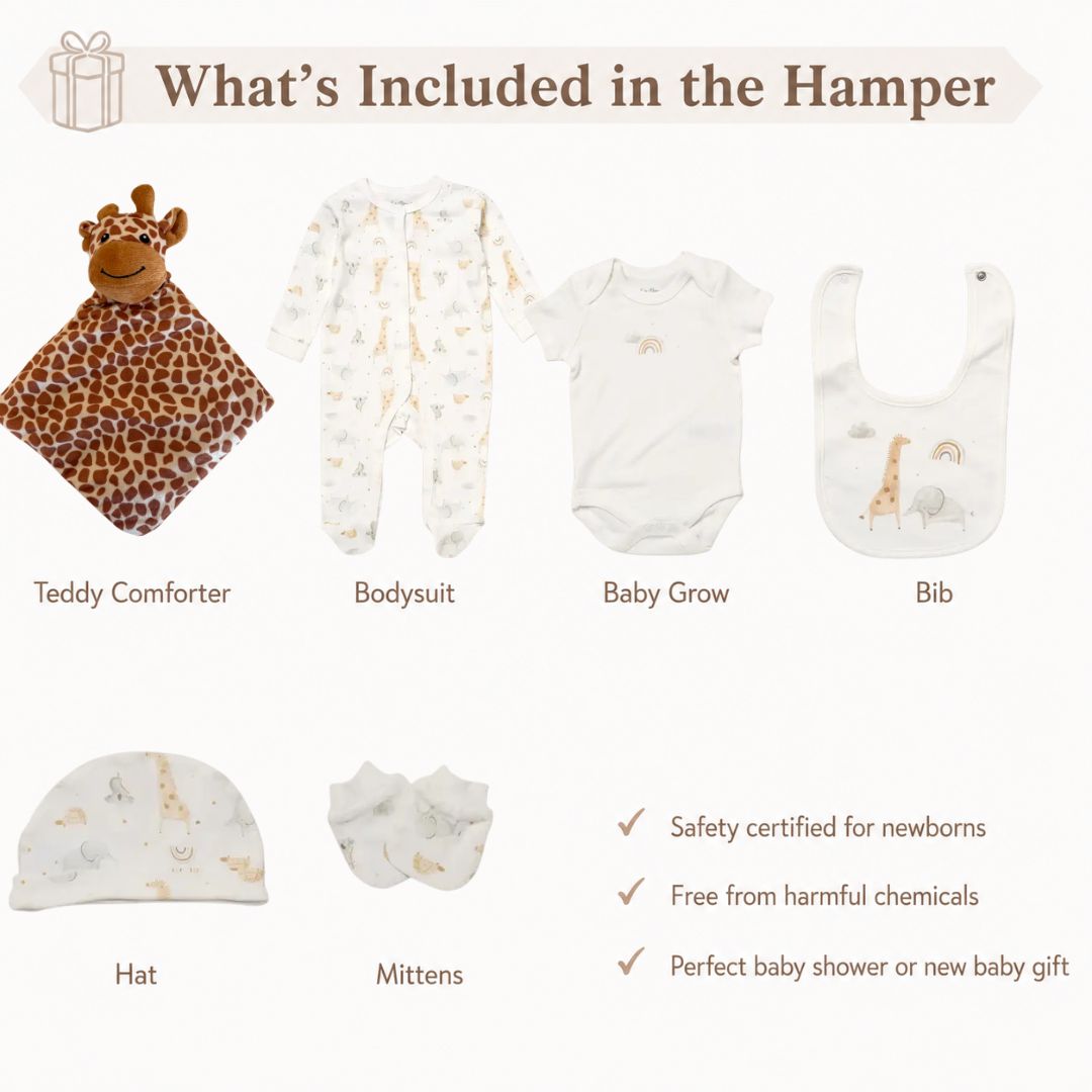 Neutral newborn gift set with giraffe comforter, baby grow, bodysuit, bib, hat and mittens