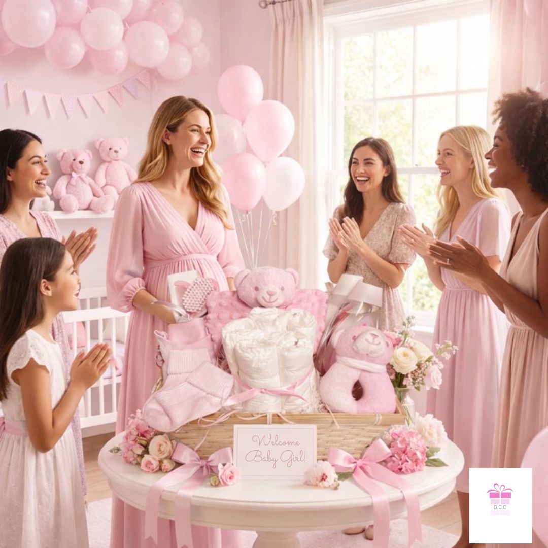 baby girl gift hamper displayed at baby shower celebration with gifts and decorations