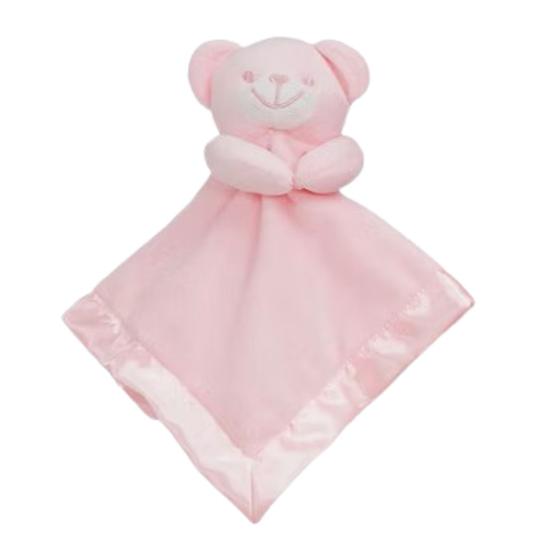 Pink teddy bear comforter snuggle toy.