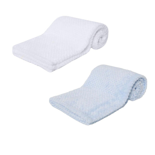 Two rolled-up waffle blankets, one white and one light blue.