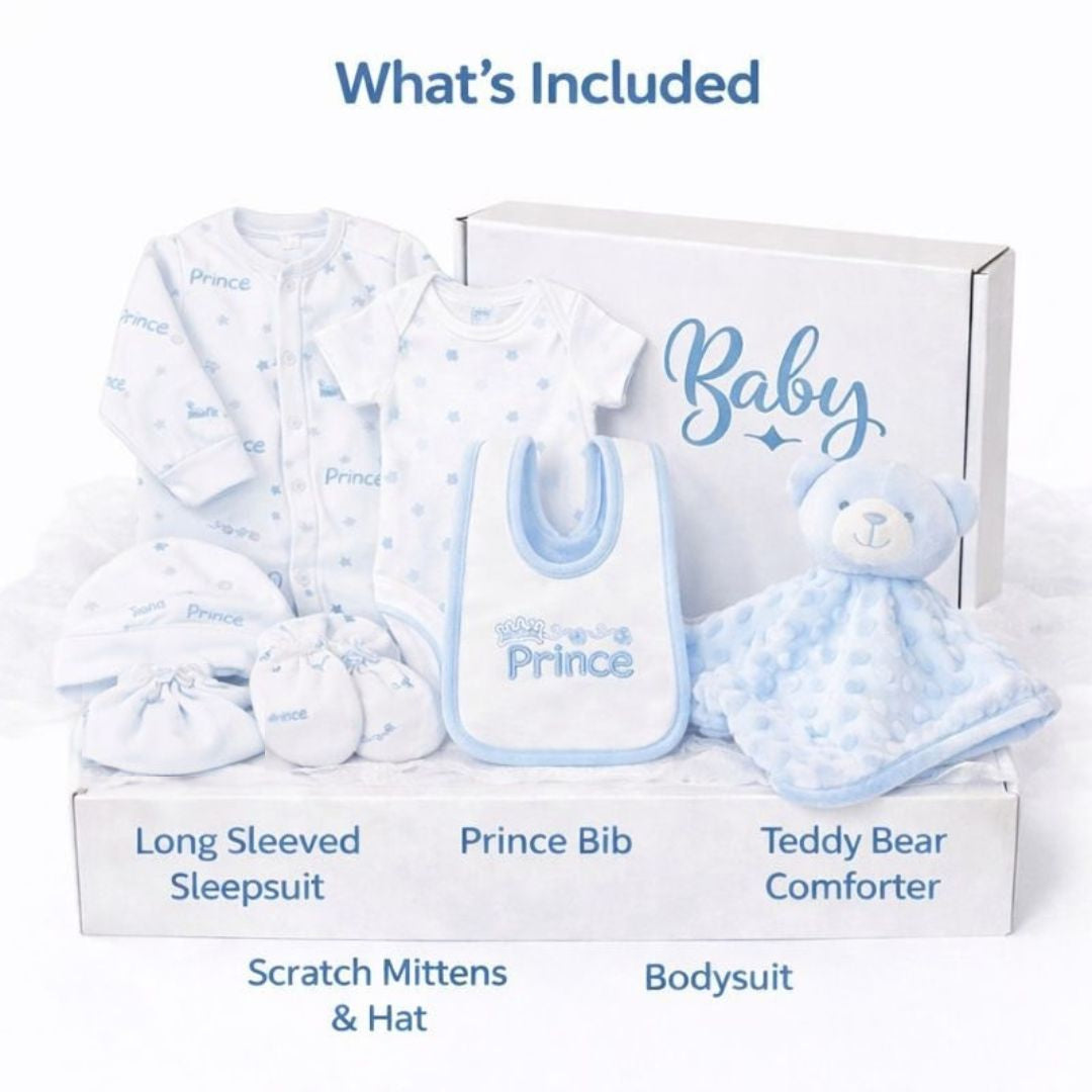 Baby boy gift box contents including comforter bodysuit and bib