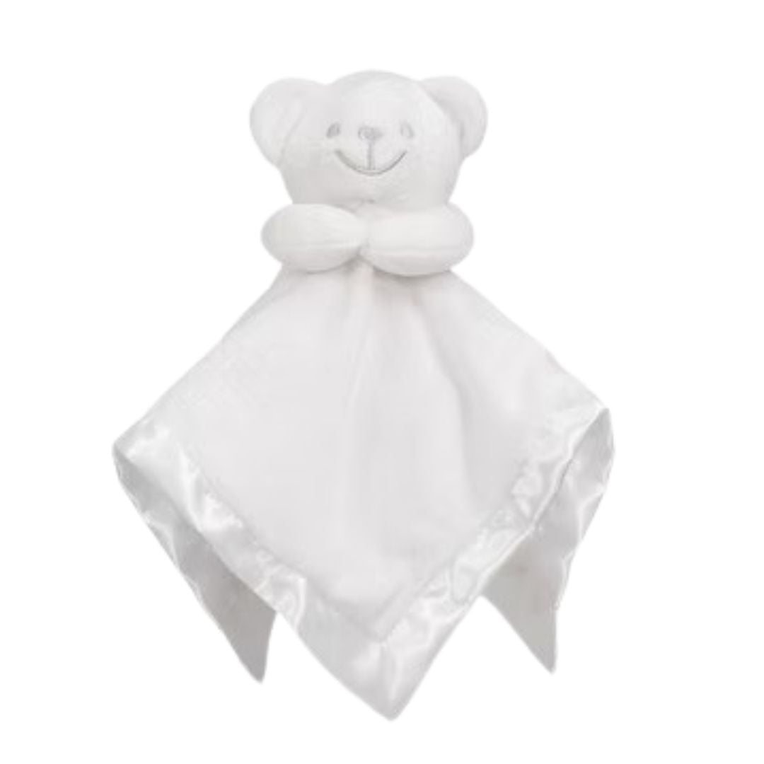 White teddy bear comforter snuggle toy.