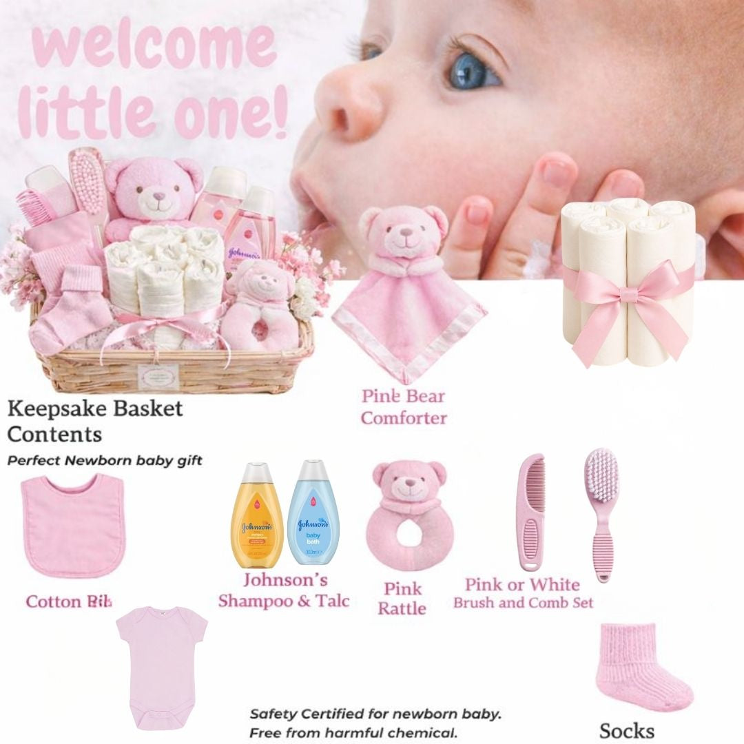 baby girl gift hamper contents including teddy bear clothing bath products and newborn essentials
