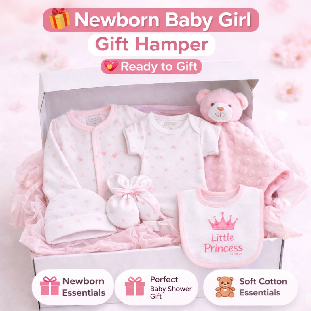 Newborn Baby Girl Gift Hamper – Includes Teddy Comforter, Sleepsuit, Hat & More | Perfect Baby Shower Gift Set