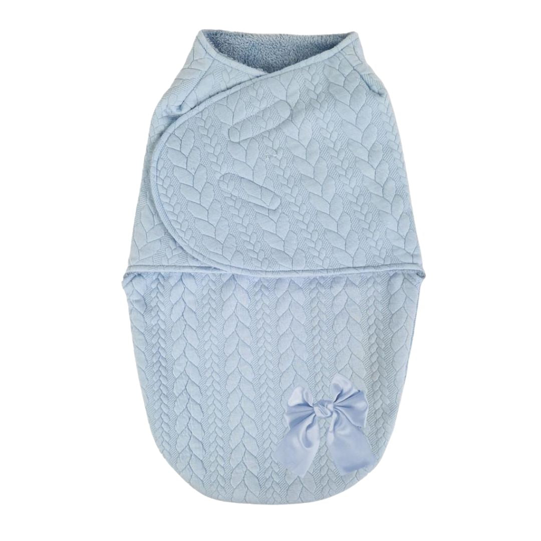 Light blue baby swaddle with a bow