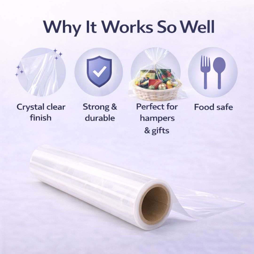 Clear cellophane wrap roll features 