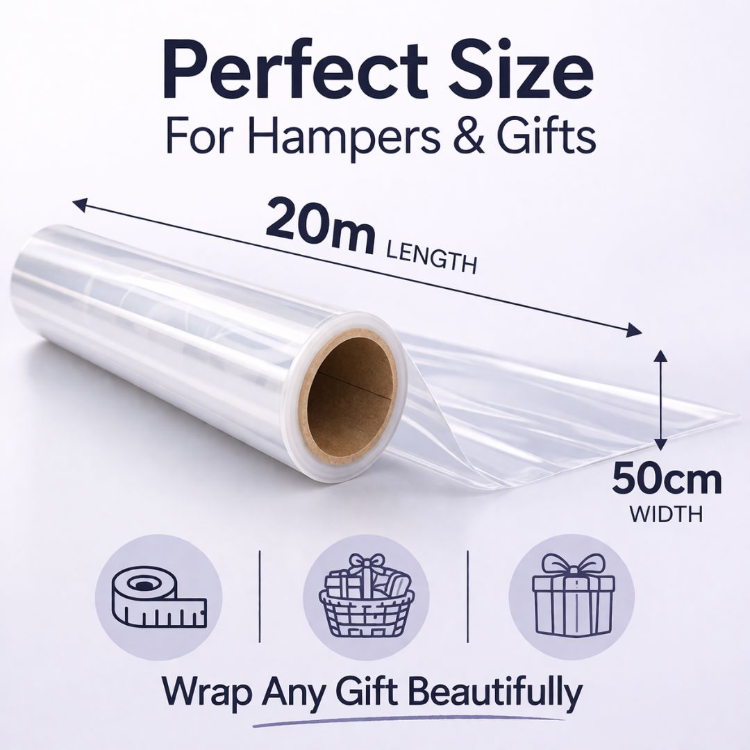 Clear cellophane wrap roll measuring 20m x 50cm