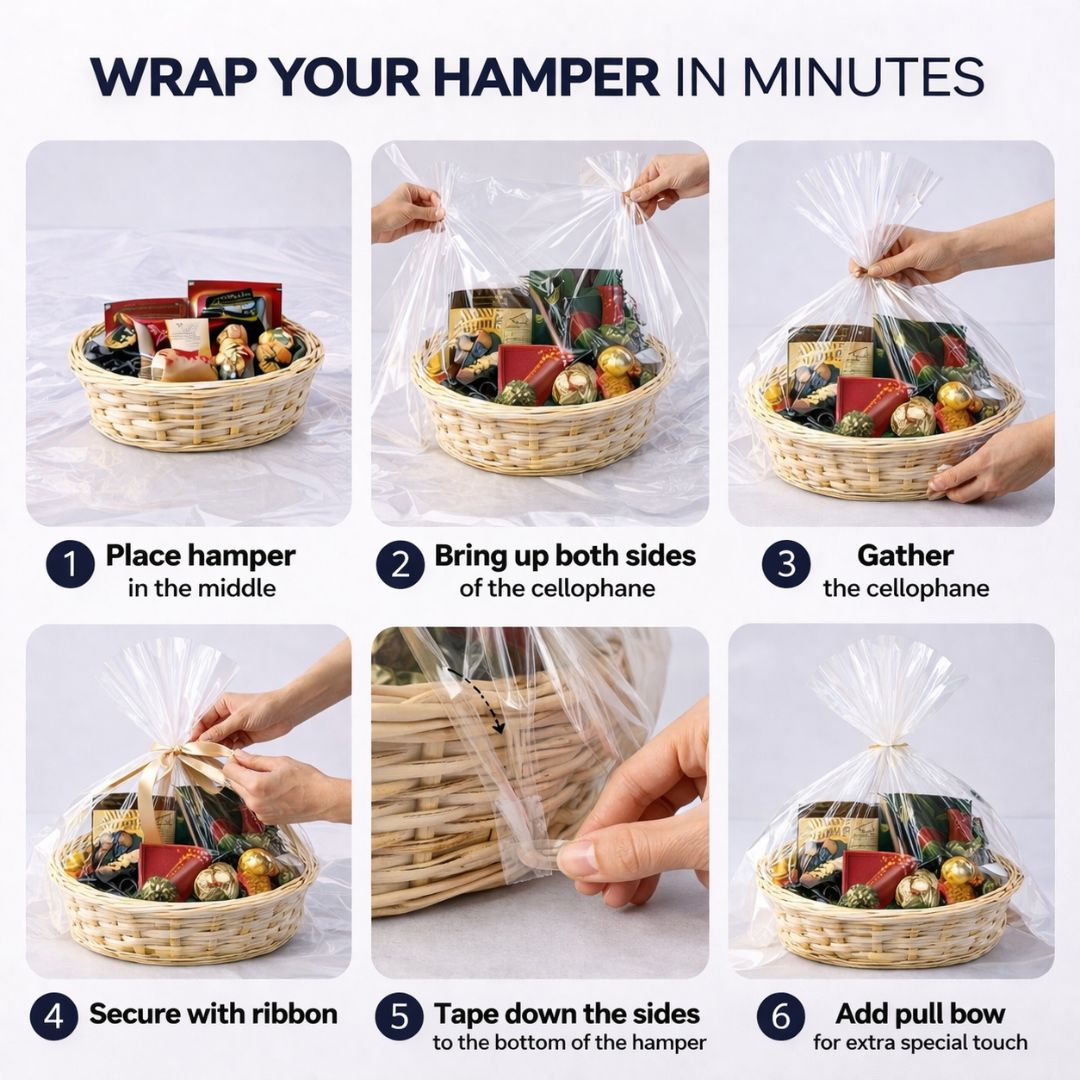 Step-by-step guide on how to wrap a hamper with cellophane.