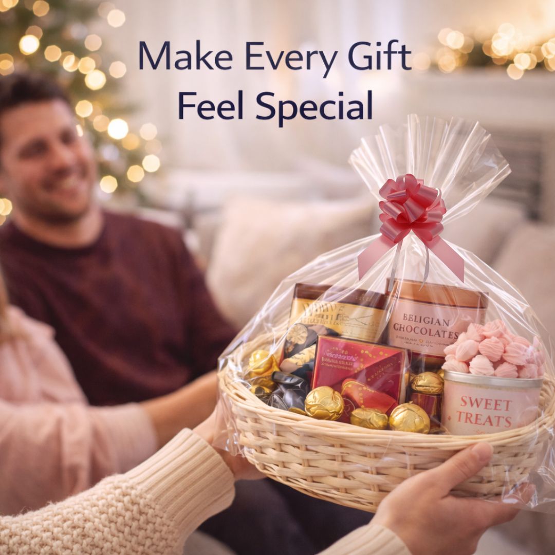 Lifestyle shot of hamper being wrapped in cellophane with pink pull bow