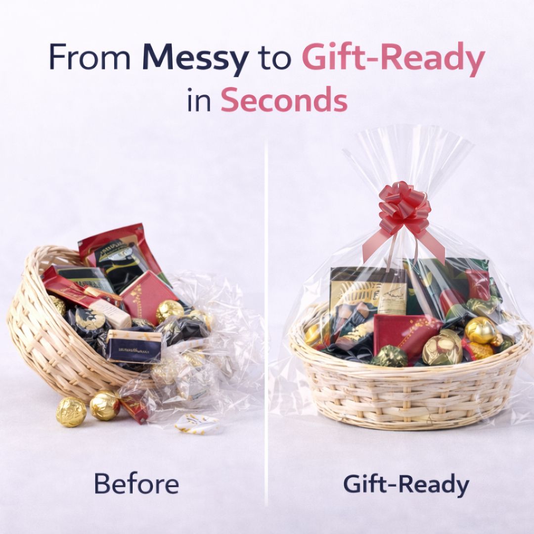 Before and after transformation of a gift basket with clear cellophane wrapping and a pink pull bow