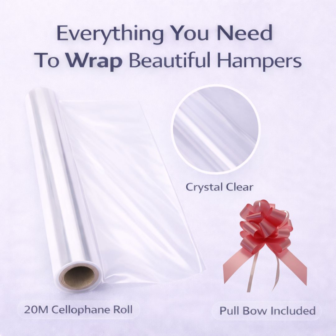 Roll of crystal clear cellophane with a free pink pull bow included