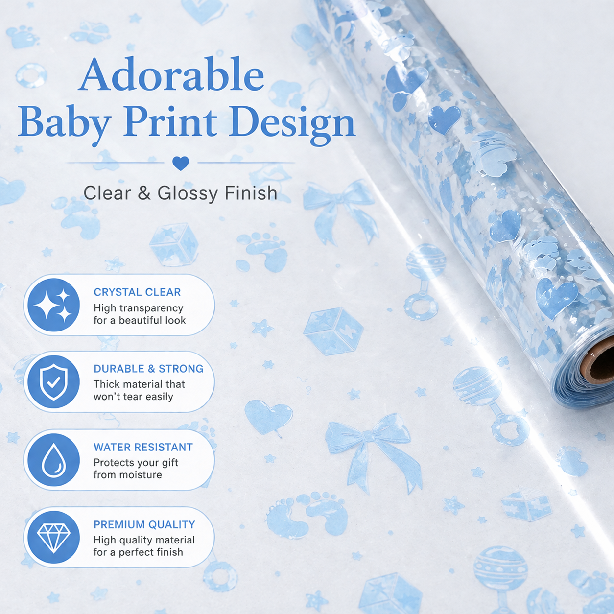 Baby Boy Print Cellophane Wrap Sheet for Hampers – Florist Wrap with Free Pull Bow