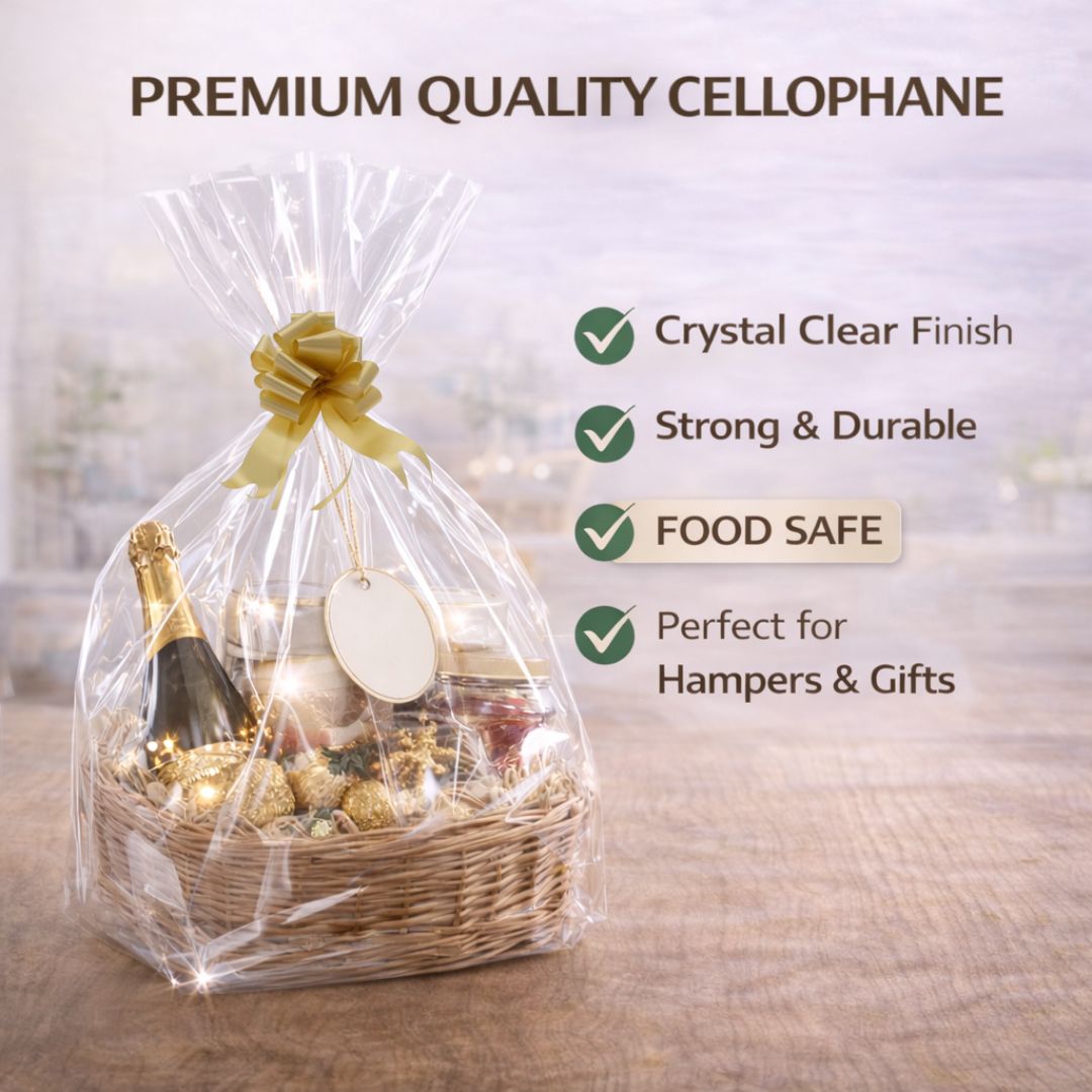 Food safe recyclable cellophane wrap sheet with free pull bow