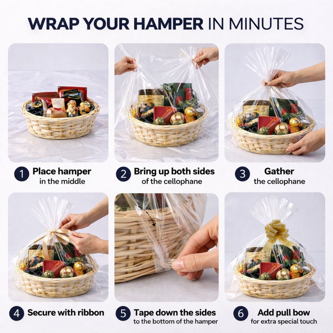Step-by-step guide on how to wrap a hamper with cellophane and pull bow.