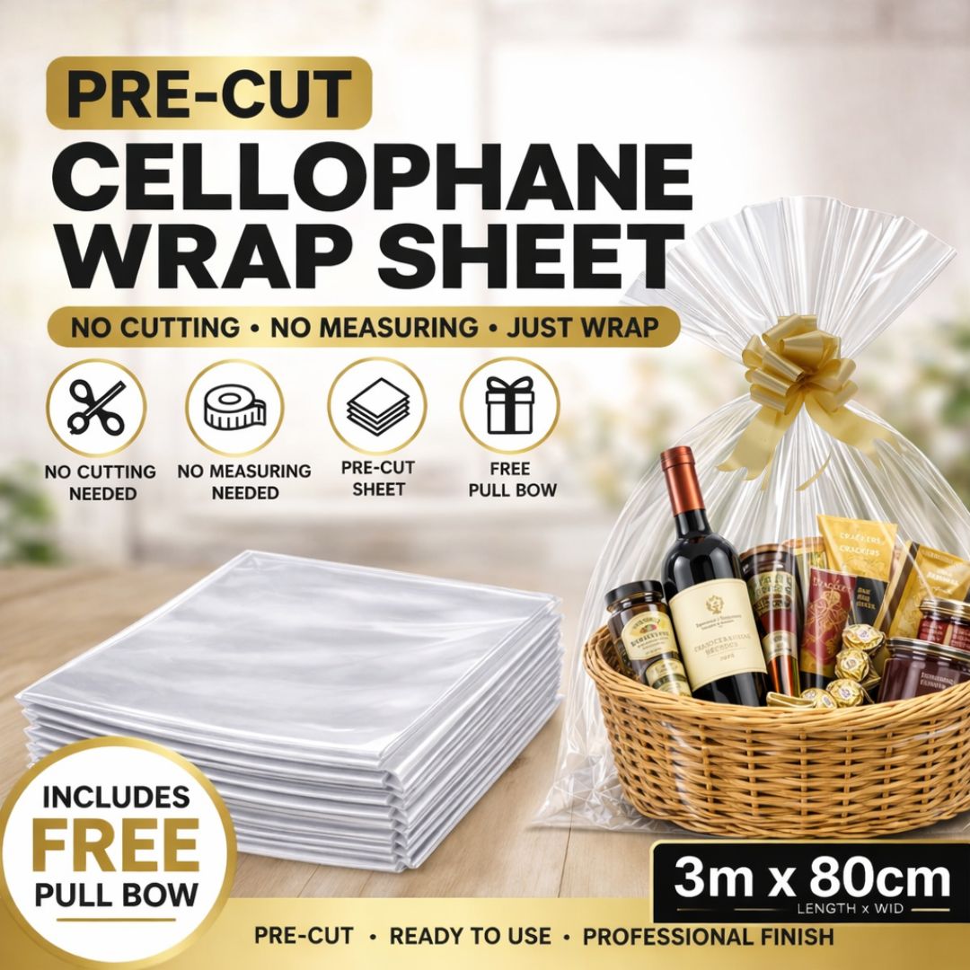 Pre-cut cellophane wrap for hampers 3m x 80cm with free pull bow