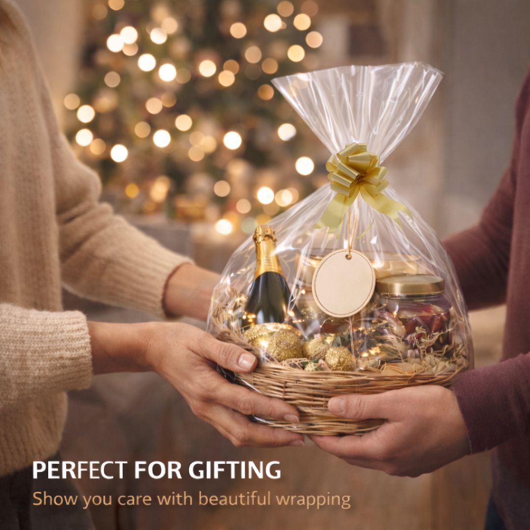 Crystal clear tear resistant cellophane wrap for hampers